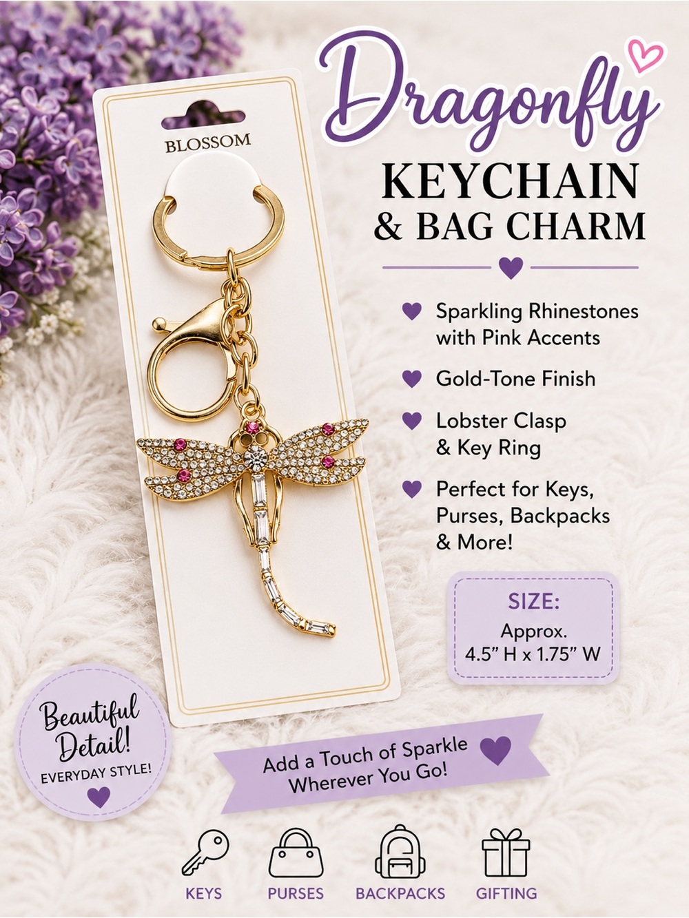 Clear Gold-Tone Dragonfly Keychain & Bag Charm with Pink Accents